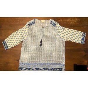 Lucy and Laurel Boho Peasant Style Blouse 1X Crinkle Fabric Sheer Blue And White